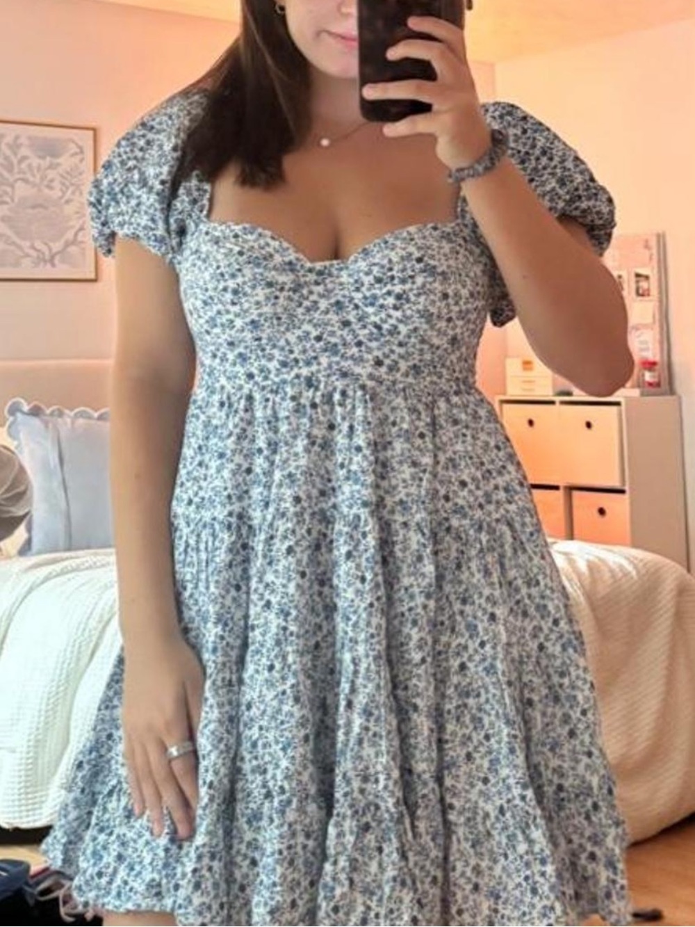 Altar'd State Blue and White Floral Puff Sleeve Mini Dress - Picture 1 of 1